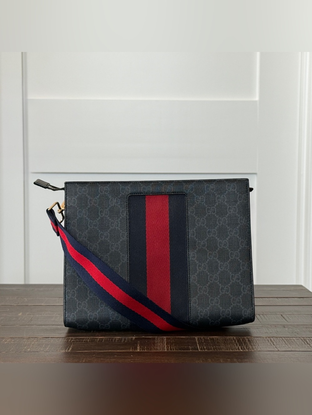 Designer-Inspired Black Crossbody Clutch with Red & Blue Stripe